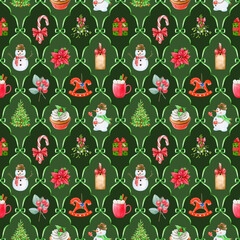 Christmas time festive decor seamless pattern. Hand drawn fir tree, mistletoe, snowman, winter sweets and treats. Winter season vintage style bright decor tile ornament seamless pattern design