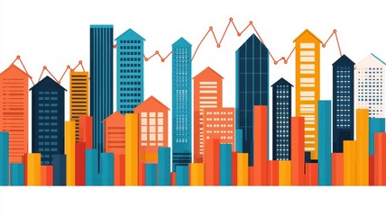 Obraz premium A colorful urban skyline graphic featuring diverse building shapes and a fluctuating line graph, symbolizing economic trends and growth.