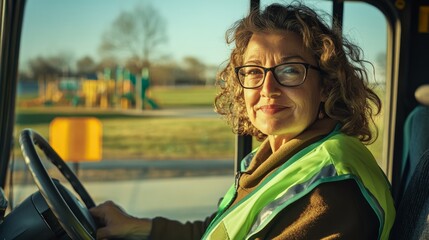 A smiling woman wearing a bright yellow safety vest and glasses, driving a bus while looking at the camera.