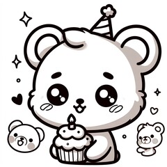 Obraz premium coloring page of a bear wearing a small party hat and holding a cupcake with a candle on top, children coloring pages, animal coloring pages