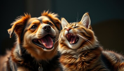 Fototapeta premium Joyful companionship between dog and cat