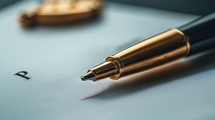 Fototapeta premium A close-up of a luxurious pen resting on a sheet of paper, suggesting elegance and sophistication in writing.