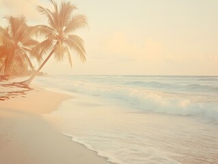 Serene Tropical Sunset Beach with Swaying Palm Trees and Gentle Waves