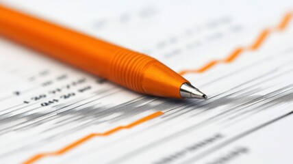 A close-up of an orange pen resting on a financial document with rising graph lines, symbolizing analysis and progress in data or finance.