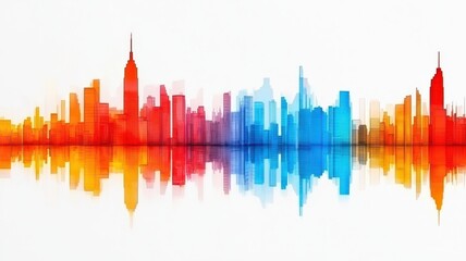 Obraz premium A vibrant watercolor skyline illustration featuring iconic buildings in orange, red, and blue tones, reflecting on a white background.