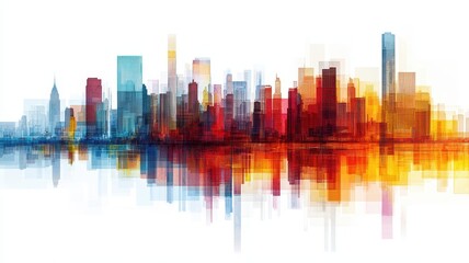 Naklejka premium A vibrant, abstract city skyline with colorful reflections in water, showcasing modern architecture and a blend of hues.