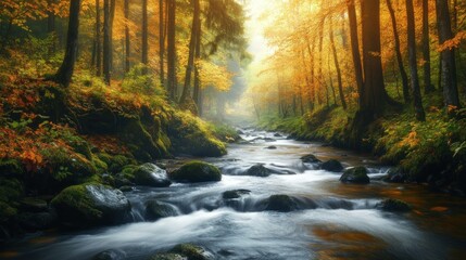 Sunlit Stream Flowing Through an Autumnal Forest