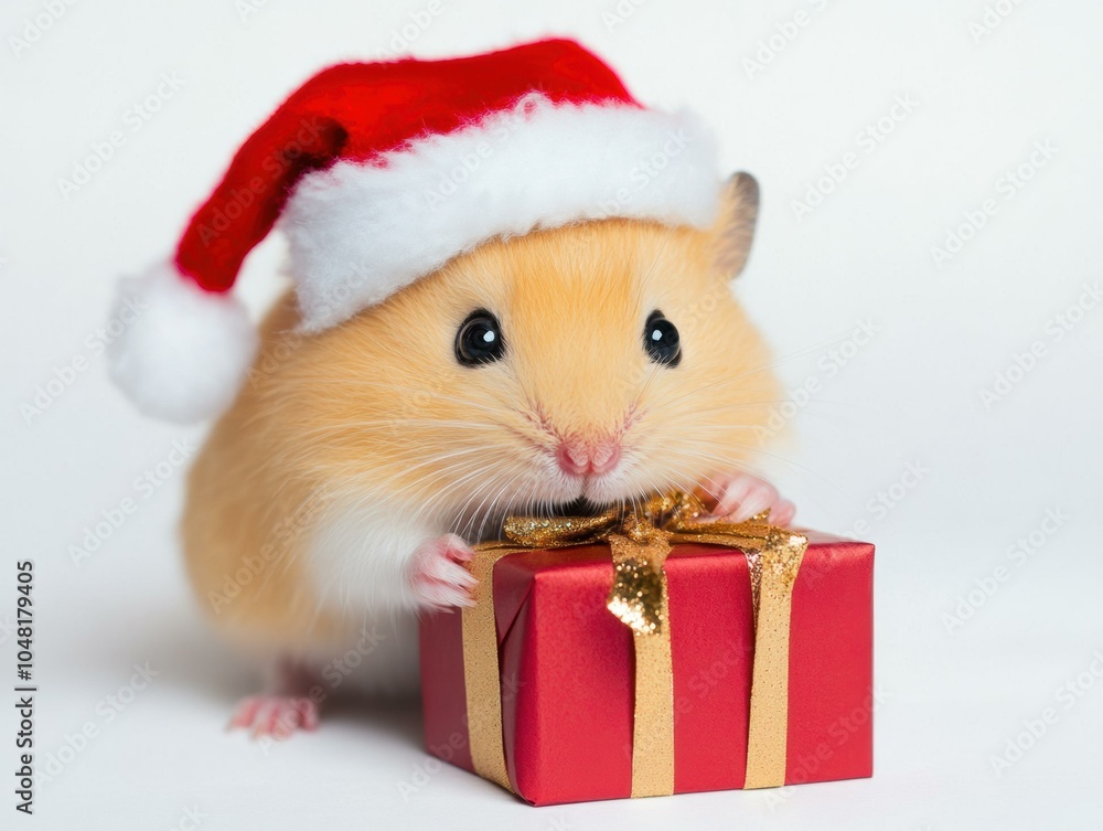 Poster A hamster wearing a Santa hat holds a red gift box. AI.