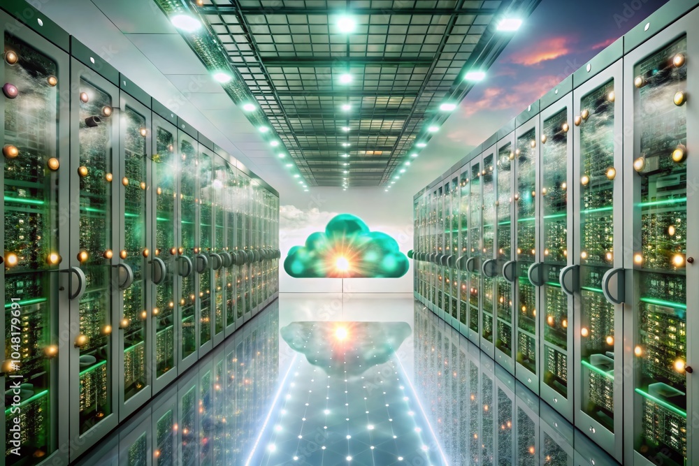 Poster cloud computing data center technology - cybersecurity and digital information storage in a modern 3