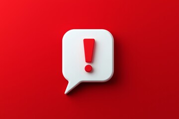 A white speech bubble with a red exclamation mark in the center on a bold red background