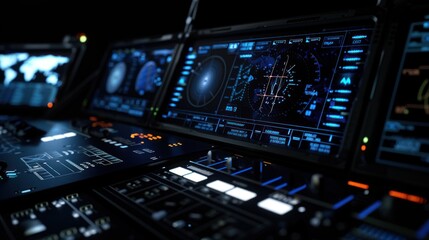 Obraz premium Futuristic Control Panel with Glowing Blue and Orange Interfaces