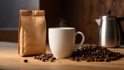 Coffee Paper Bag Mockup with Beans for Branding and Marketing