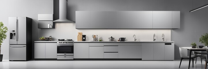 An eye-catching billboard advertisement illustration for home appliances, featuring a modern kitchen setup with a stylish refrigerator, microwave, and dishwasher