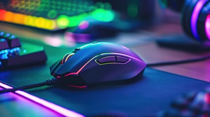 Closeup of a Gaming Mouse with RGB Lighting on a Desk Mat