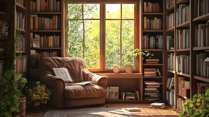 Cozy Bookworm s Reading Nook Beneath Sunlit Window Surrounded by Wooden Bookshelves