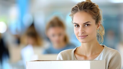 A focused young woman casting her vote in a polling booth with an Australian flag visible