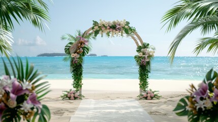 Beautifully Decorated Beach Wedding Arch with Lush Tropical Scenery