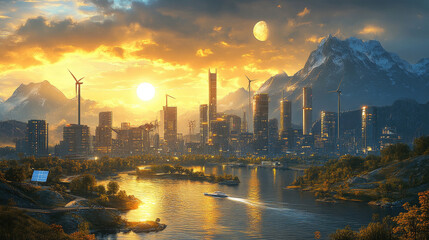 Naklejka premium Cities by the seaside, wind turbines in the sea