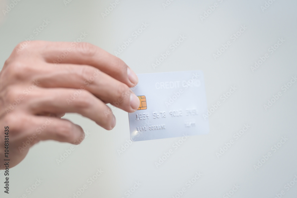 Wall mural Close-up of a man's hand holding a bank credit card, highlighting online services for lending and access to credit,demonstrating financial convenience and flexibility for secure digital transactions