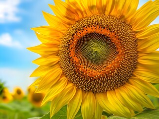 Obraz premium Vibrant Sunflower in Serene Countryside Landscape with Radiant Golden Petals and Azure Sky