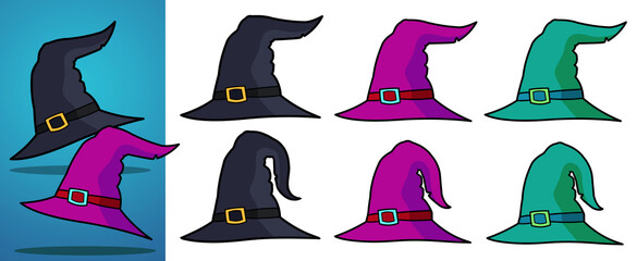 Wizard hat png pack set.Dark blue, Pink and Green colored wizard hat cartoon 2D for games and graphics.Halloween wizard, witch hats.