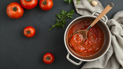 Bowl of tomato soup on gray stone background. Flat lay. Copy space.