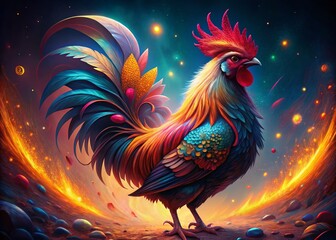 Fototapeta premium Colorful Glowing Rooster Illustration in Panoramic View - Generative AI Art