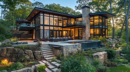 Fototapeta premium Sophisticated home exterior with glass walls and sleek finishes, embodying wealth and the brilliance of high-end design