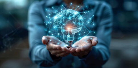 Futuristic Brain and Lightbulb Symbolizing Innovation and Creative Potential on Glowing Digital Network Background