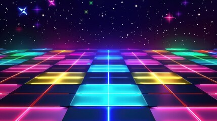 The dance floor is bright neon colored with glowing squares, with an ethereal starry sky backdrop