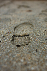 A clear footprint is imprinted on coarse, textured sand, creating a pathway that fades into the distance. The image captures the natural detail of the sand and the distinct shape of the footprint.