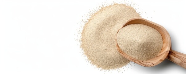 Highly Photo of Nutritional Yeast in Wooden Scoop on Clean White Background