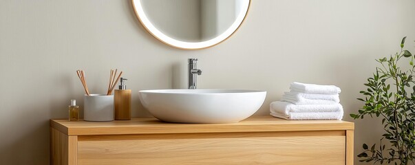 Modern bathroom sink setup with a stylish round mirror, wooden cabinet, neatly arranged towels, and a touch of greenery for a refreshing look.