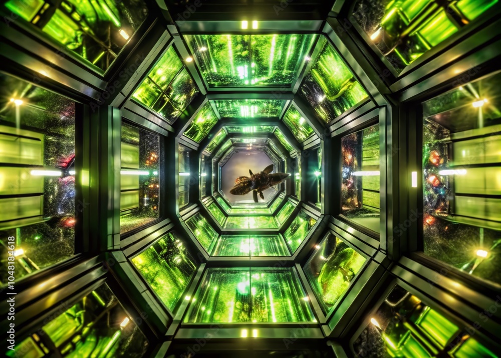 Poster complex holographic structures in a neon tunnel: sci-fi reflection and glow patterns