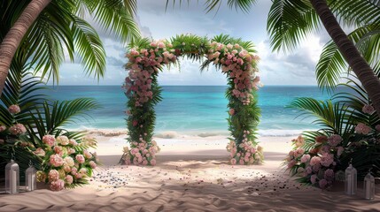 Fototapeta premium Stunning Beach Wedding Arch with Lush Floral and Ocean Backdrop