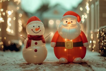 Snowy suburban yard with inflatable Santa, snowman, and bright holiday lights