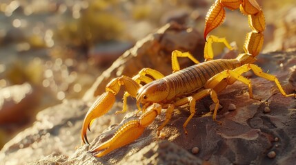 Close-up of a Golden Scorpion on a Rock in the Desert