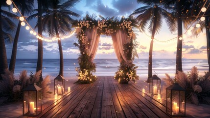 Stunning Tropical Boho Wedding Arch with Lush Floral Decor and Warm Sunset Backdrop for Ceremony