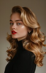 Fototapeta premium Woman with elegant wavy blonde hair and red lips. Portrait of a sophisticated woman with voluminous wavy blonde hair and bold red lipstick, exuding a timeless and glamorous style.