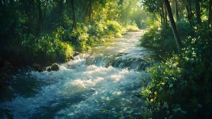 Fototapeta premium Cascading River Flowing Through Lush Verdant Forest Landscape with Cinematic Realism