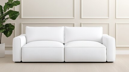 A modern, white couch is positioned against a neutral wall, complemented by a green plant, enhancing a clean, minimalist aesthetic.