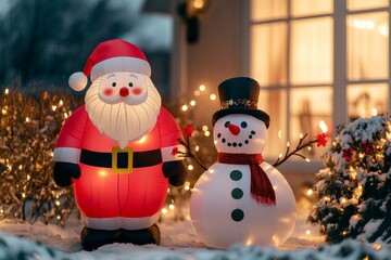 Inflatable Santa and snowman in festive yard with holiday lights