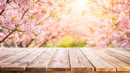 Empty wooden table in Sakura flower park with garden bokeh background, country outdoor theme mock-up for product display. wooden table in front of the spring blossom tree landscape. Product display an