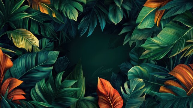 Tropical Leaf Border Banner, vibrant green foliage encircling a blank space for personalized messages, perfect for invitations or announcements