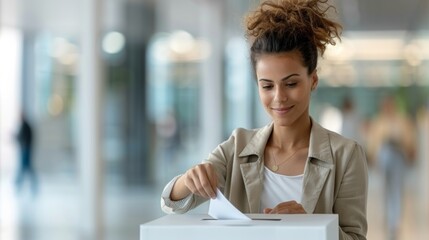 Young woman casting her ballot in a polling place voting booth