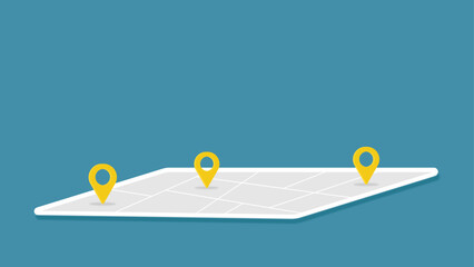 Simple map with yellow location markers on a blue background, symbolizing navigation and destinations
