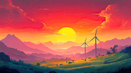 Obraz premium At sunset, wind turbines in mountainous areas