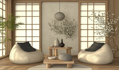 Modern Japanese-style living room with minimalist furniture and cherry blossom branches. Design for interior and poster.