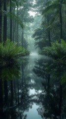 Obraz premium Lush forest with tranquil river reflection