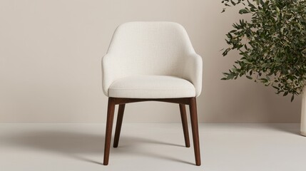 A stylish, upholstered white chair with wooden legs stands against a neutral wall, accompanied by a leafy plant, creating a modern, minimalist aesthetic.
